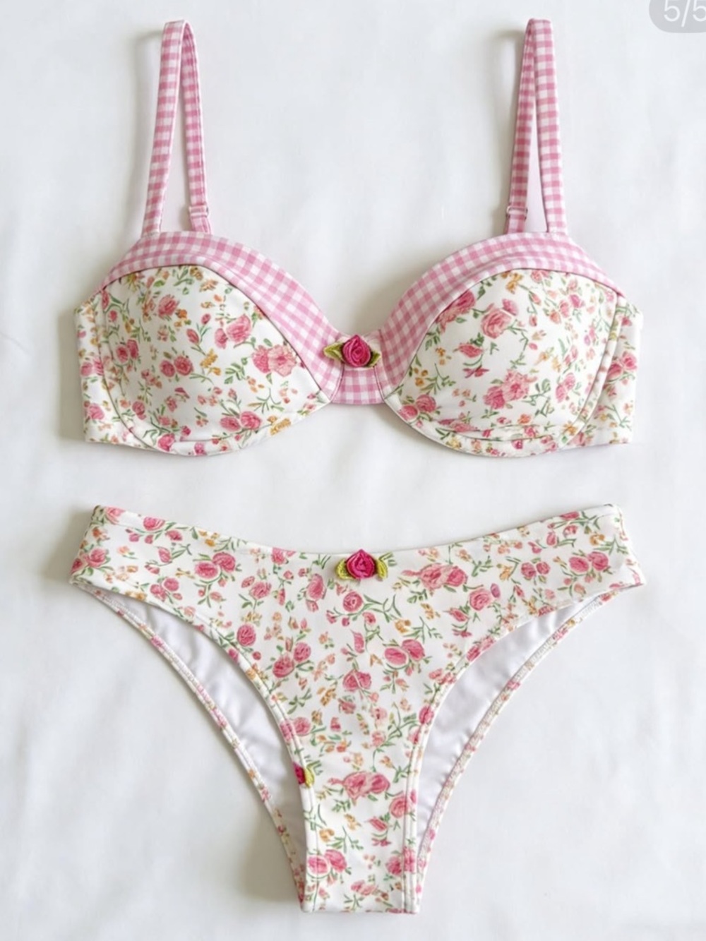 Phax Swim pink gingham floral rose bikini set